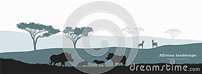 Black silhouette of african boar. Scenery with desert warthog family. Landscape with wild african animals Vector Illustration