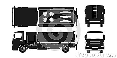 Black silhouette of air fuel truck. Front, side, top and back view. Maintenance of aircraft. Airfield transport Vector Illustration