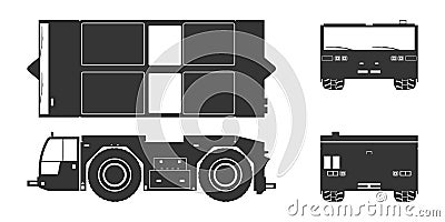 Black silhouette of airplane towing vehicle. Front, side, top and back view. Repair and maintenance of aircraft. Vector Illustration