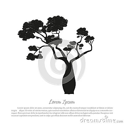 Black silhouette of a baobab on a white background. Australian nature. Desert landscape Vector Illustration