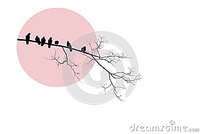 Black silhouette of bare tree with birds doves on branch on pink circle. Minimalistic design, white background Stock Photo