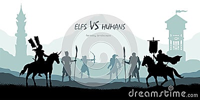 Black silhouette of battle humans and elfs. Fantasy landscape. Medieval 2d panorama. Knights and warriors Vector Illustration