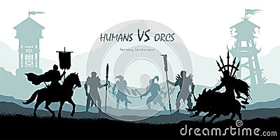 Black silhouette of battle orcs and humans. Fantasy landscape. Medieval 2d panorama. Knights and warriors fighting scene Vector Illustration
