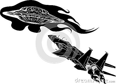 black silhouette of Battle star space from a ufo and airplane Vector Illustration