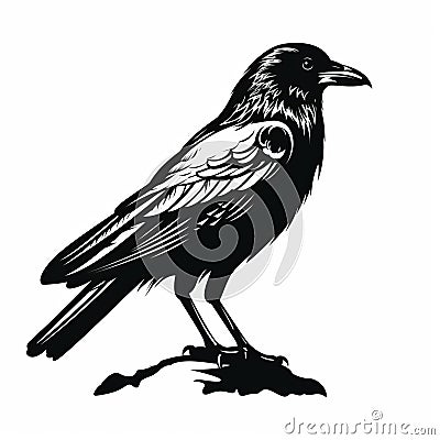 Detailed Crow Design On White Background - Screen Printing Style Stock Photo
