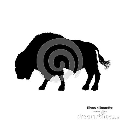 Black silhouette of bison on white background. Buffalo isolated drawing. Wild bull image. Animals of North America Vector Illustration