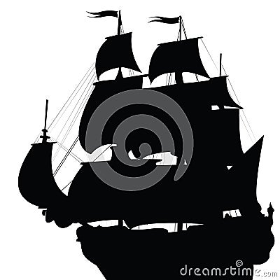 Black silhouette of brigantine Stock Photo