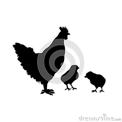 Black silhouette of chicken with chicks. Isolated hen profile. Icon of farm bird. Market logo. Vector Illustration