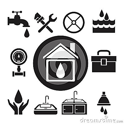 Black silhouette circular frame house with drop inside and icon plumbing tools Vector Illustration