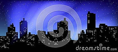 Black silhouette of cityscape. The beams of searchlights in the night sky Vector Illustration