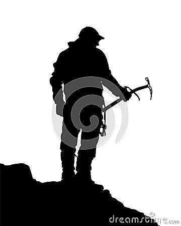 Black silhouette of climber with ice axe in hand Cartoon Illustration