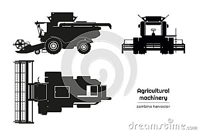 Black silhouette of combine harvester. Side, front and top view of agriculture machinery. Industrial isolated drawing Vector Illustration