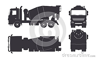 Black silhouette of concrete mixer truck. Side, top, front and back views. Isolated lorry blueprint. Industrial drawing Vector Illustration