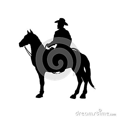 Black silhouette of cowboy on horse. Isolated image of american rider. Western landscape Vector Illustration