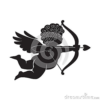 Black silhouette of Cupid aiming a bow and arrow. Valentines Day love symbol.Vector illustration isolated Vector Illustration