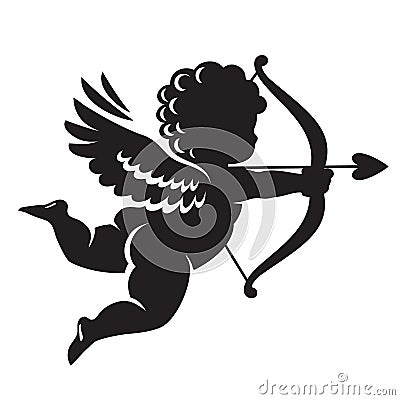 Black silhouette of Cupid aiming a bow and arrow. Valentines Day love symbol.Vector illustration isolated Vector Illustration