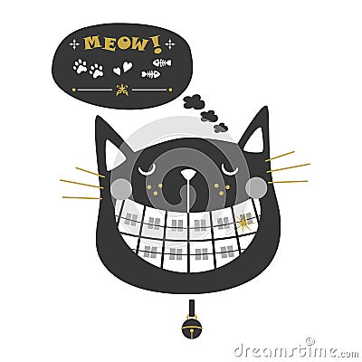 Black silhouette cute laughing orthodontics cat icons with collar bell and speech bubble Vector Illustration