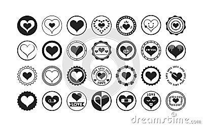 Black silhouette cute pointy heart shape symbols circle emblem icons set design elements on white Vector Illustration