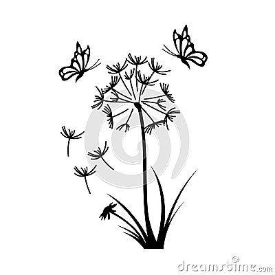 Black silhouette of dandelion with butterflies. Summer floral scene. Isolated spring landscape. Flying seeds Vector Illustration