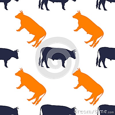 Black silhouette dark blue and yellow bull or cow icon isolated seamless pattern on white background. Vector Cartoon Illustration