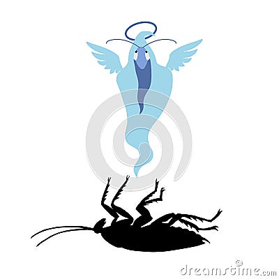 Black silhouette of a dead cockroach with a blue ghost in a shroud, insect pest, symbol of unsanitary conditions Vector Illustration