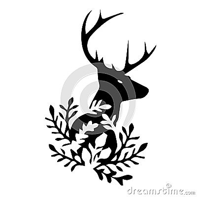 Black silhouette of deer head, on white background. Vector Illustration