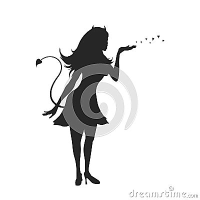 Black silhouette of devil girl. Halloween party. Isolated image of evil woman. Glamour lady on white background Vector Illustration