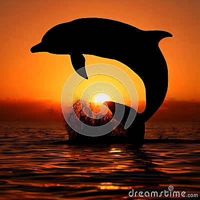 A black silhouette of a dolphin leaping out of the water in front of a setting sun Stock Photo