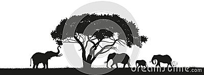 Black silhouette of elephants in savannah. Animals of Africa. African landscape. Panorama of wild nature Vector Illustration