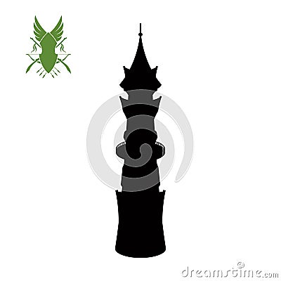 Black silhouette of elven tower. Fantasy palace of elfs. Archer medieval watchtower. Magic citadel. Game fortress icon Vector Illustration