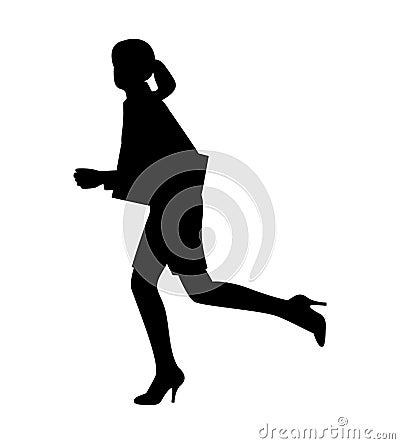 Black silhouette of an employee running fast towards the office while carrying files, hurrying Vector Illustration