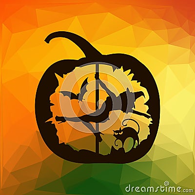 Black silhouette of female pole dancer carved in Halloween pumpkin on autumn abstract geometric triangles background. Stock Photo