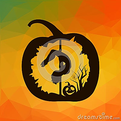 Black silhouette of female pole dancer carved in Halloween pumpkin on autumn abstract geometric triangles background. Stock Photo
