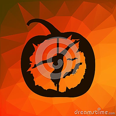 Black silhouette of female pole dancer carved in Halloween pumpkin on autumn abstract geometric triangles background. Stock Photo