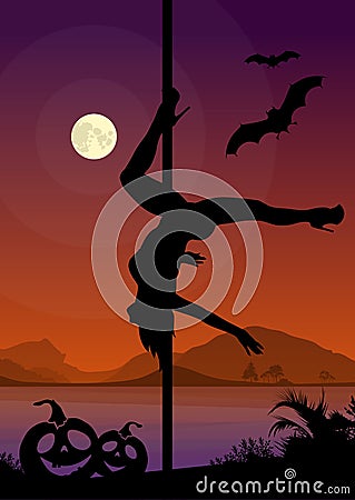 Black silhouette of female pole dancer performing pole moves in front of river and full moon at Halloween night Stock Photo