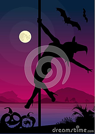 Black silhouette of female pole dancer performing pole moves in front of river and full moon at Halloween night Stock Photo