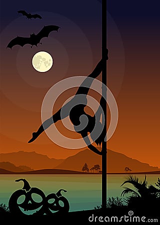 Black silhouette of female pole dancer performing pole moves in front of river and full moon at Halloween night Stock Photo