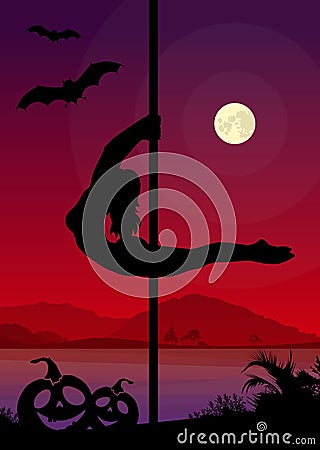 Black silhouette of female pole dancer performing pole moves in front of river and full moon at Halloween night Stock Photo