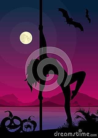 Black silhouette of female pole dancer performing pole moves in front of river and full moon at Halloween night Stock Photo