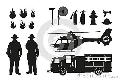 Black silhouette of firefighters and fire fighting equipment on white background. Helicopter and firemans car. Vector Illustration
