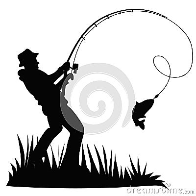 Black silhouette of a fisherman with a fishing rod and a fish on a white background. Suitable for use as a logo, a Vector Illustration