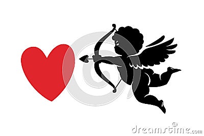 Black silhouette of funny cute Cupid aiming a bow and arrow at red heart. Valentines Day love symbol Vector Illustration