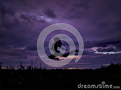 Black silhouette of a girl with long hair on a background of sunset. Violet sunset Stock Photo