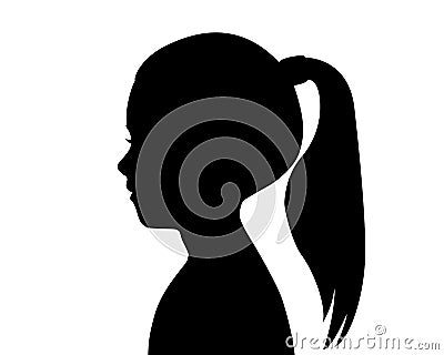 Black silhouette of a girl`s head. Child profile. Long hair pulled in a ponytail. Female silhouette. Drawing isolated on a white Vector Illustration