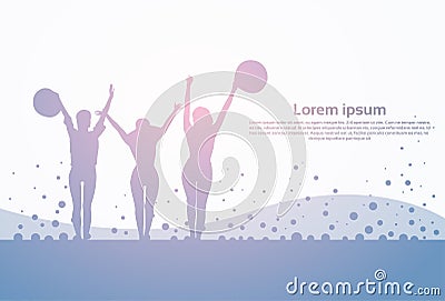 Black Silhouette Girls Group Cheerful Raised Hands Full Length Happy Woman Holding Hats Vector Illustration