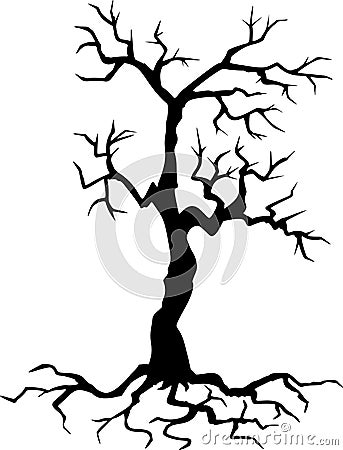 Black silhouette of a gnarled dry tree on a white background. Vector Illustration