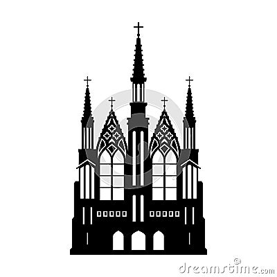 Black silhouette of gothic church. Isolated drawing of cathedral build. Fantasy architecture. European medieval landmark Vector Illustration