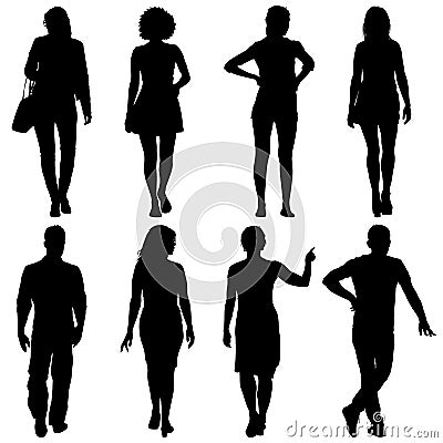 Black silhouette group of people standing in various poses Vector Illustration