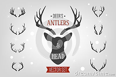 Black silhouette hand drawn deer s horn, antler and head set. Animal antler collection. Design elements of deer Vector Illustration