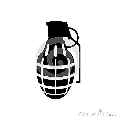 Black silhouette of hand grenade. Army explosive. Weapon icon. Military isolated object Vector Illustration